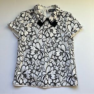 Karl Lagerfeld White Black Floral Lace Short Sleeve Bow Tie Blouse Size 6